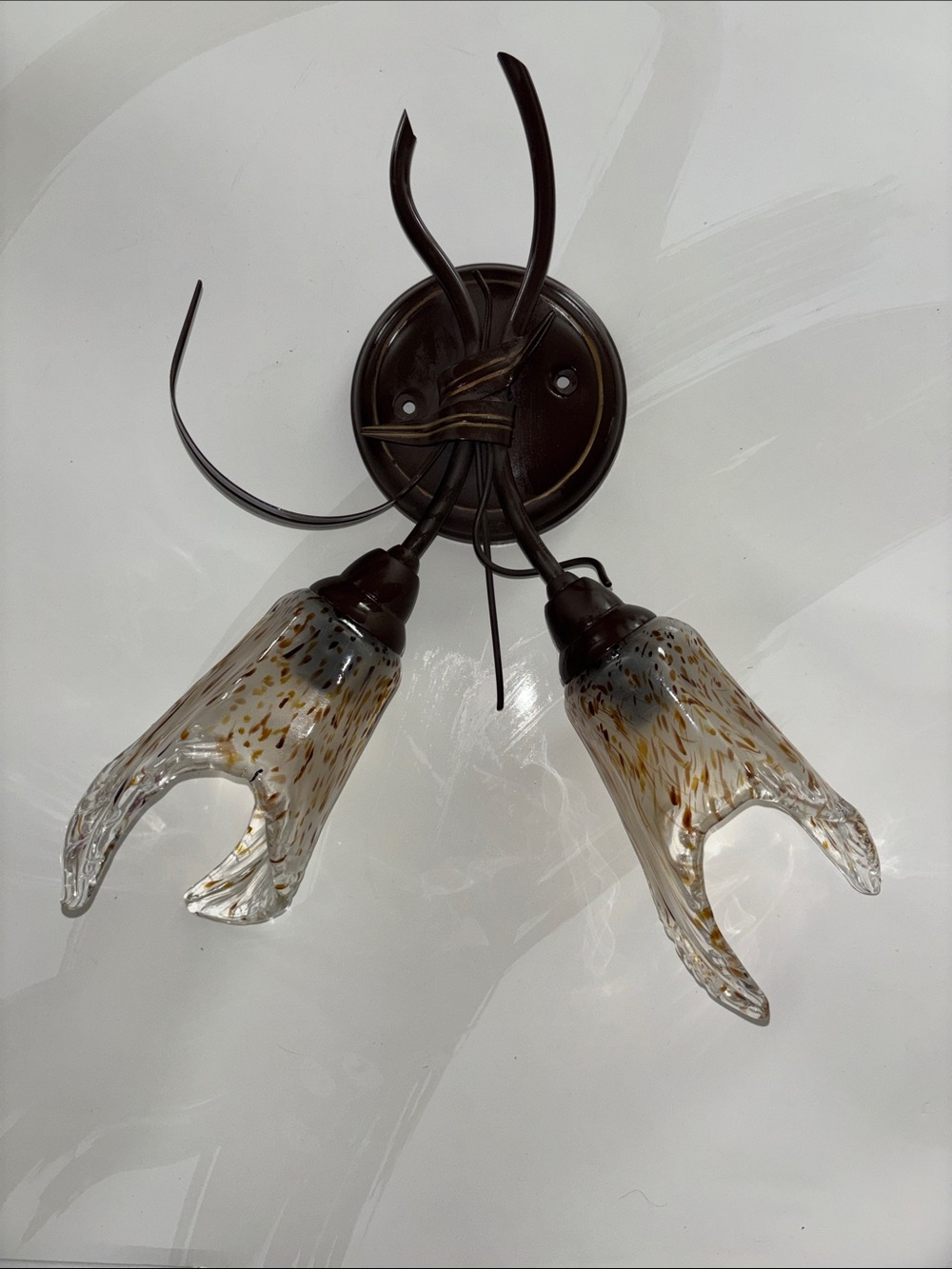 Two-Light Swirled Glass Wall Sconce in Brown and Amber